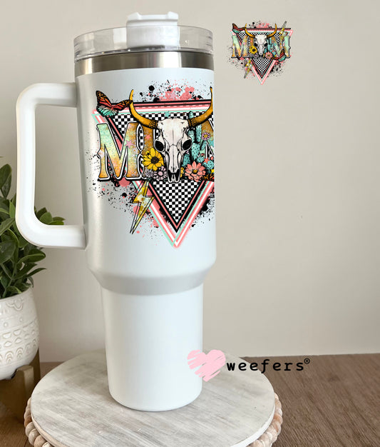 Mini Pink Teal Western Cow Skull UV DTF Decal 40oz Tumbler Decal Weefers