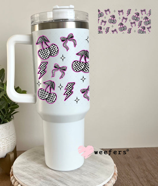 Purple Black and White Checkered Cherries and Bows UV DTF Cup Wrap - WEEFERS EXCLUSIVE WRAP 40oz Tumbler Wrap Weefers