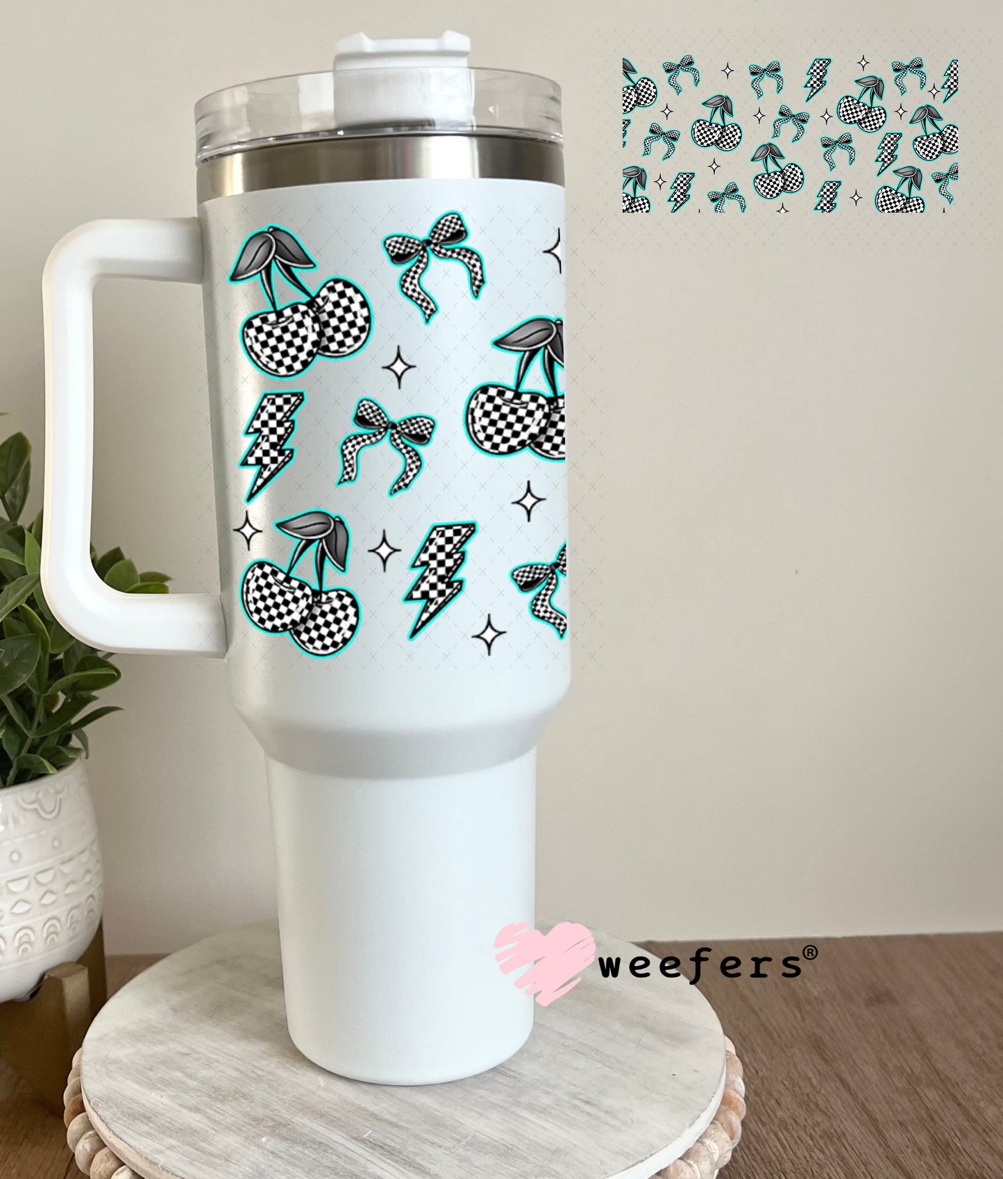 Teal Black and White Checkered Cherries and Bows UV DTF Cup Wrap - WEEFERS EXCLUSIVE WRAP 40oz Tumbler Wrap Weefers