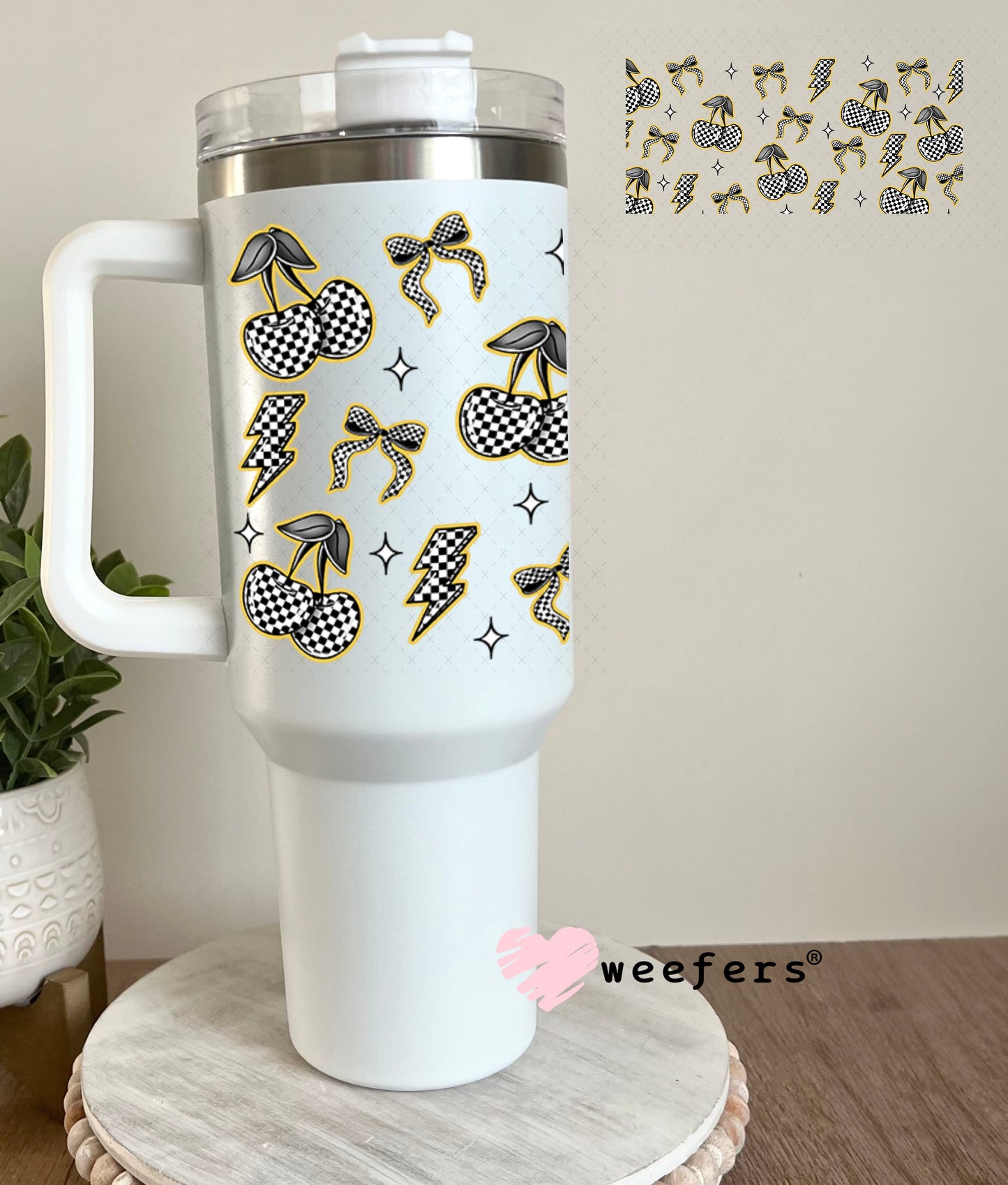 Yellow Black and White Checkered Cherries and Bows UV DTF Cup Wrap - WEEFERS EXCLUSIVE WRAP 40oz Tumbler Wrap Weefers