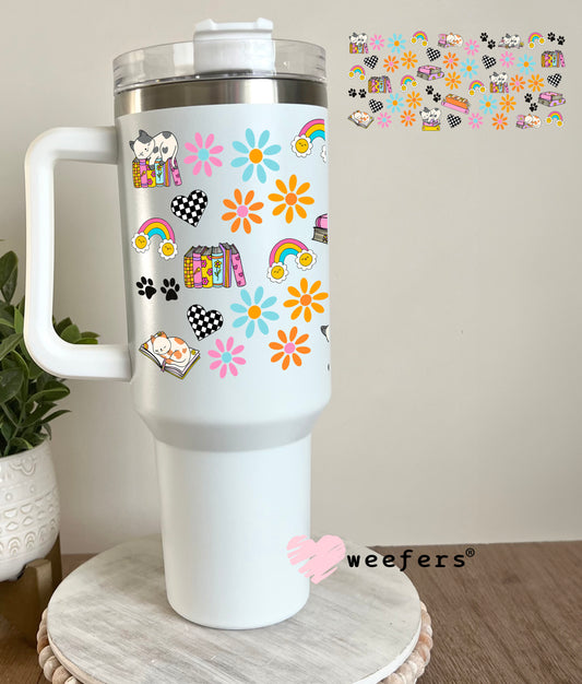 Retro Cats and Books UV DTF Cup Wrap 40oz Tumbler Cup Wrap Weefers