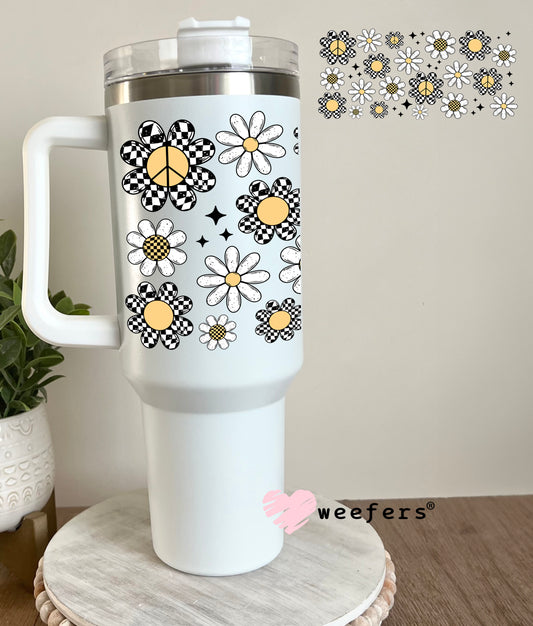 Black and White Checkered Flowers and White Daisies Scattered UV DTF Cup Wrap 40oz Tumbler Cup Wrap Weefers
