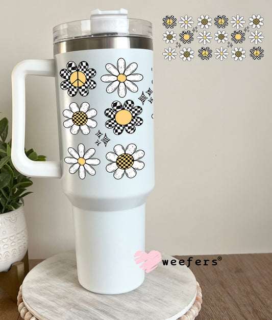Black and White Checkered Flowers and White Daisies Lined UV DTF Cup Wrap 40oz Tumbler Cup Wrap Weefers