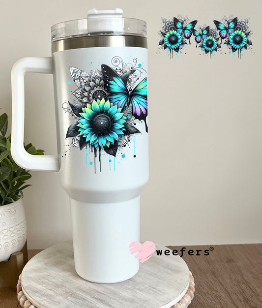 Teal Black and Purple Butterflies UV DTF Cup Wrap 40oz Tumbler Cup Wrap Weefers