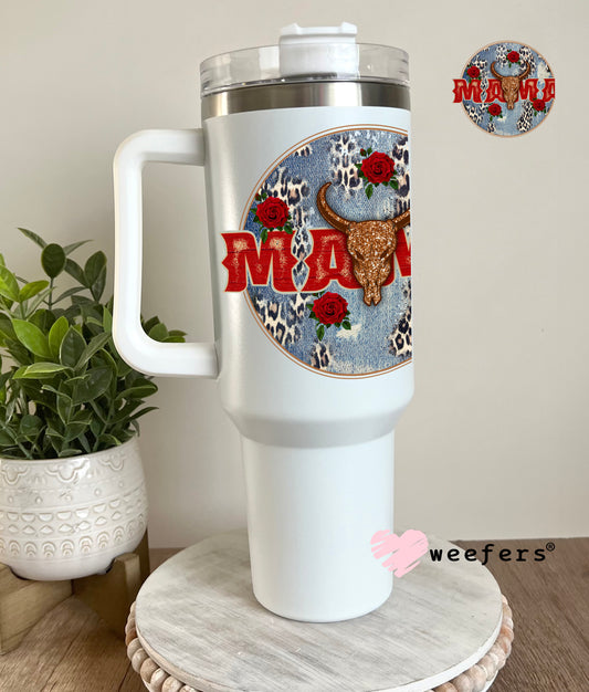 Red Mama Denim Round UV DTF Decal 40oz Tumbler Decal Weefers