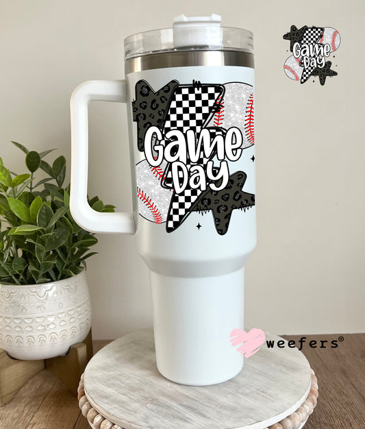 Game Day Baseball Black Checkered Lightening Bolts UV DTF Decal 40oz Tumbler Decal Weefers