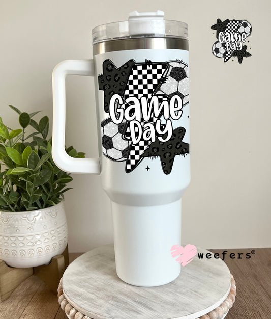 Game Day Soccer Black Checkered Lightening Bolts UV DTF Decal 40oz Tumbler Decal Weefers