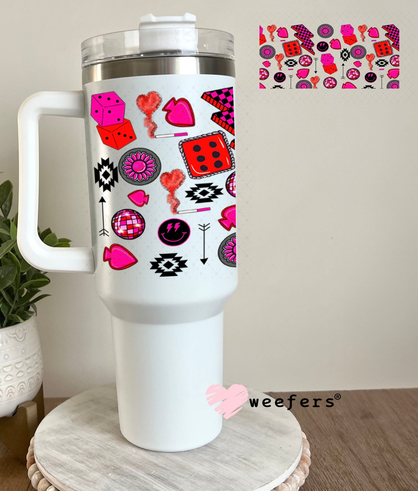 Caffeine and Chaos Hot Pink Dice Sidekick UV DTF Cup Wrap - WEEFERS EXCLUSIVE WRAP 40oz Tumbler Wrap Weefers