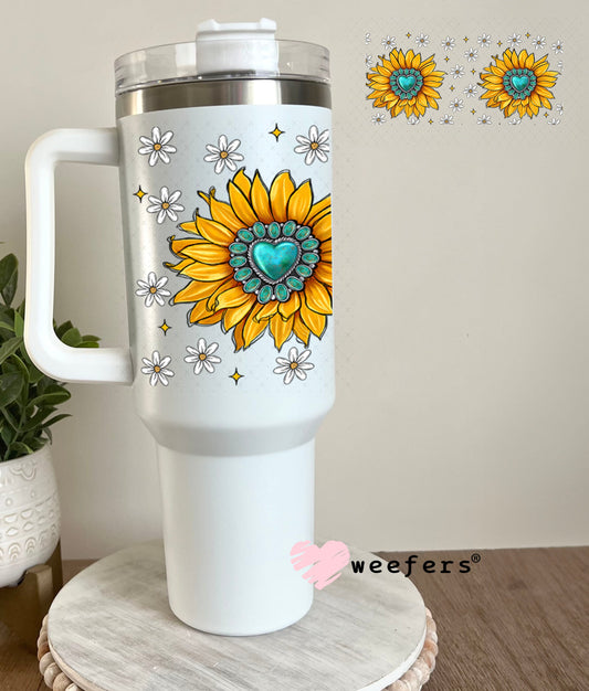 Yellow Sunflower Turquoise Jewels UV DTF Cup Wrap - WEEFERS EXCLUSIVE WRAP 40oz Tumbler Wrap Weefers