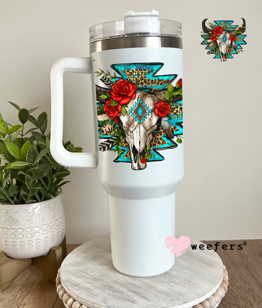 Teal and Red Cow Skull UV DTF Decal 40oz Tumbler Decal Weefers