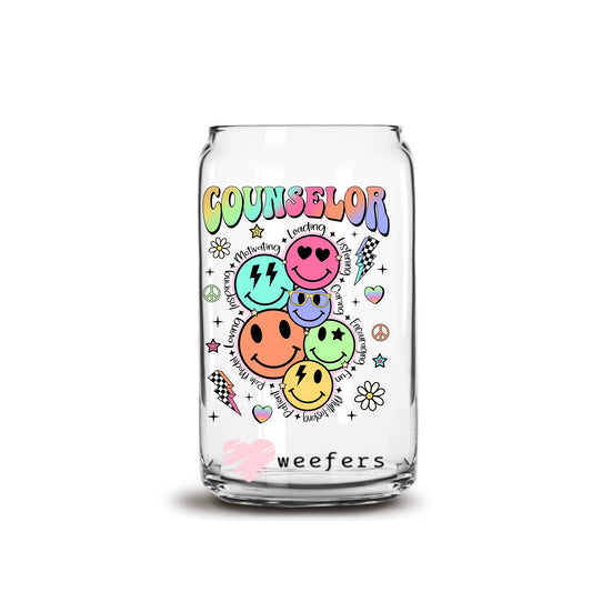 Counselor Happy Face Affirmations 16oz Libbey Glass Can UV DTF or Sublimation Wrap - Decal Transfer - Weefers