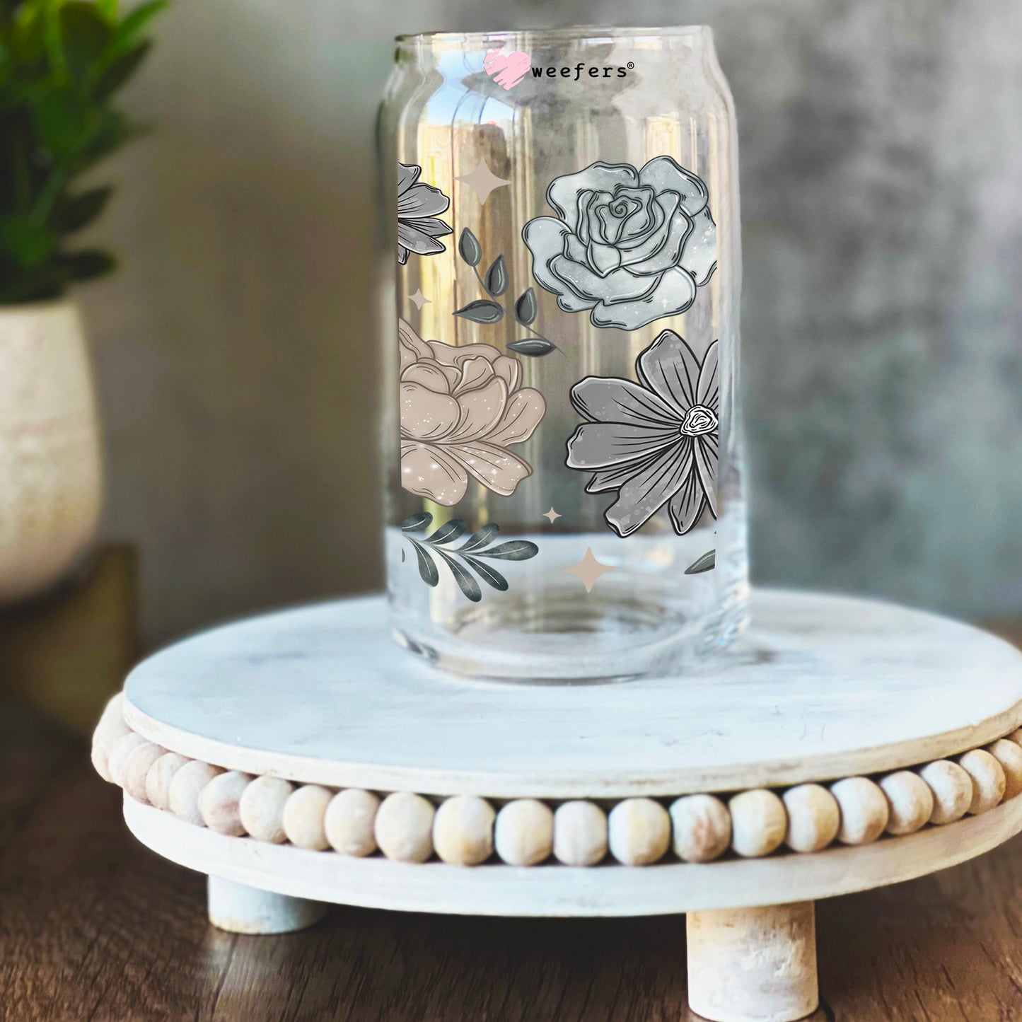 Greys and Beige Flowers 16oz Libbey Glass Can UV DTF Decal Transfer - Weefers