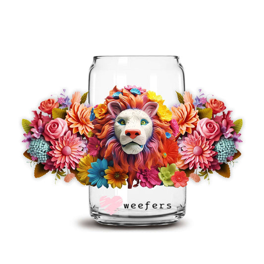 3D Lion Floral 16oz Libbey Glass Can UV DTF or Sublimation Cup Wrap - Decal Transfer - Weefers