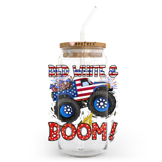 Red White & Boom 4th of July Monster Truck 20oz Libbey Glass Can, 34oz Hip Sip, 40oz Tumbler, 24oz Cold Cup UV DTF or Sublimation Decal Transfer - Weefers