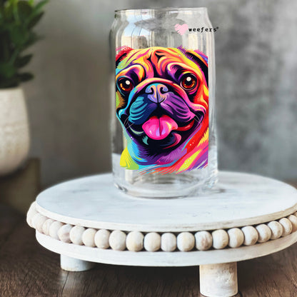 Pug Colorful Watercolor 16oz Libbey Glass Can UV DTF or Sublimation Wrap - Decal - Weefers