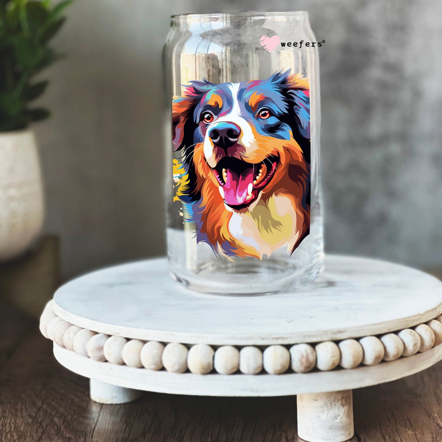 Australian Shepherd Colorful Watercolor 16oz Libbey Glass Can UV DTF or Sublimation Wrap - Decal - Weefers