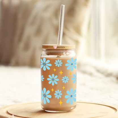 Blue Daisy Florals 16oz Libbey Glass Can UV DTF or Sublimation Wrap Decal Transfer - Weefers