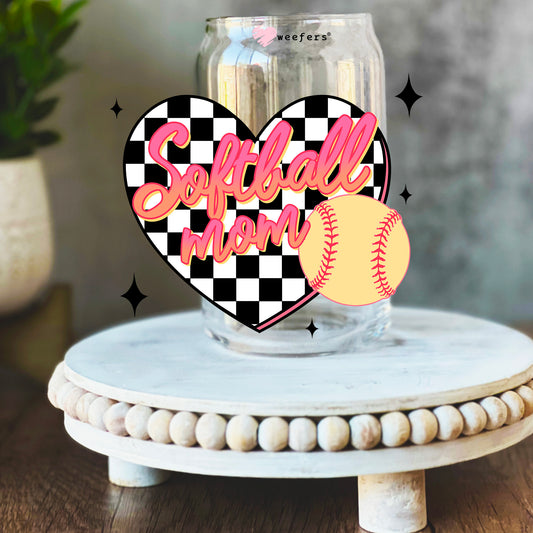 Softball Mom Black Checkers 16oz Libbey Glass Can UV DTF or Sublimation Wrap Decal Transfer - Weefers