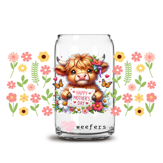 Happy Mother's Day Highland Cow Florals 16oz Libbey Glass Can UV DTF or Sublimation Wrap Transfer - Weefers