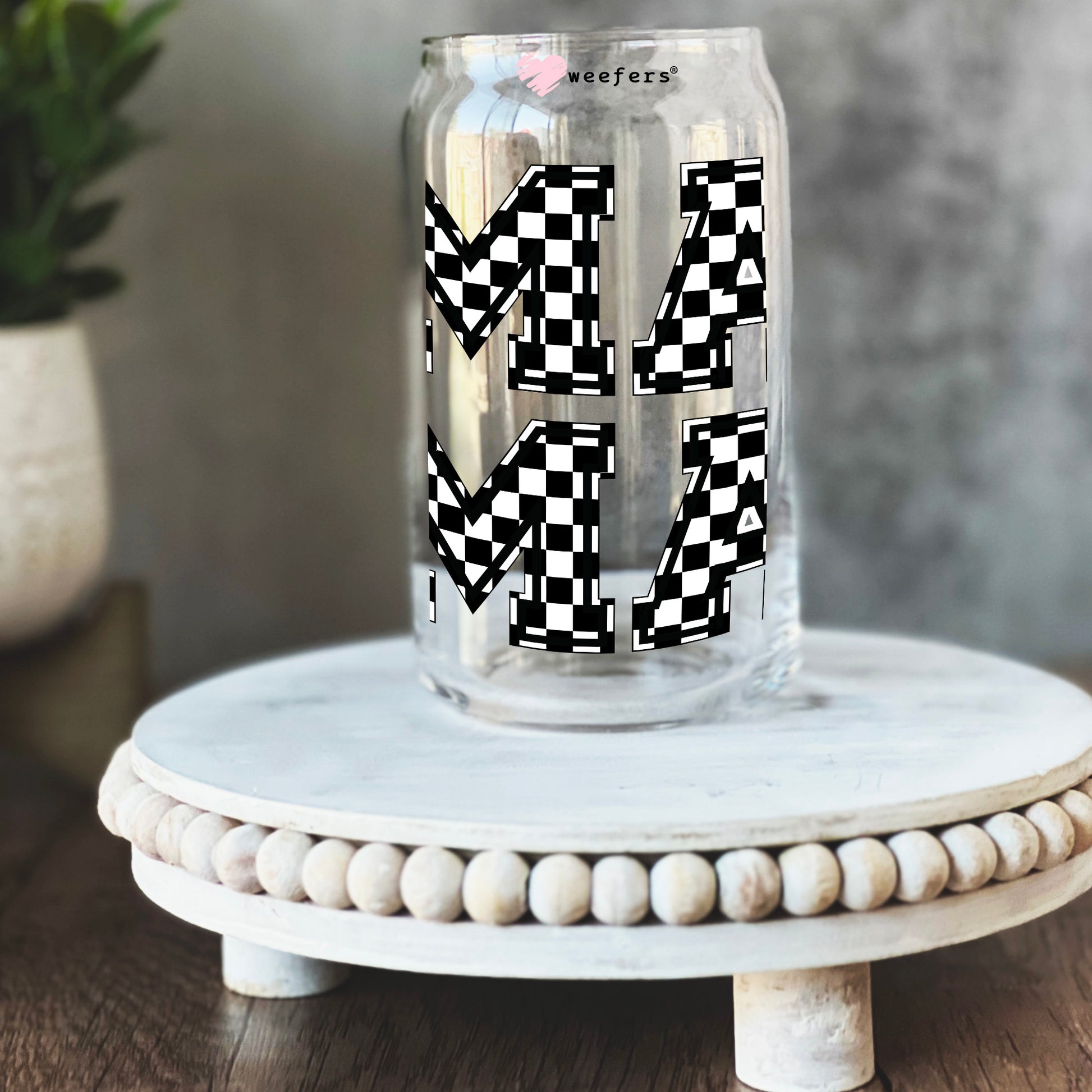 MaMa Stacked Black Checkered 16oz Libbey Glass Can UV DTF or Sublimation Wrap - Decal - Weefers