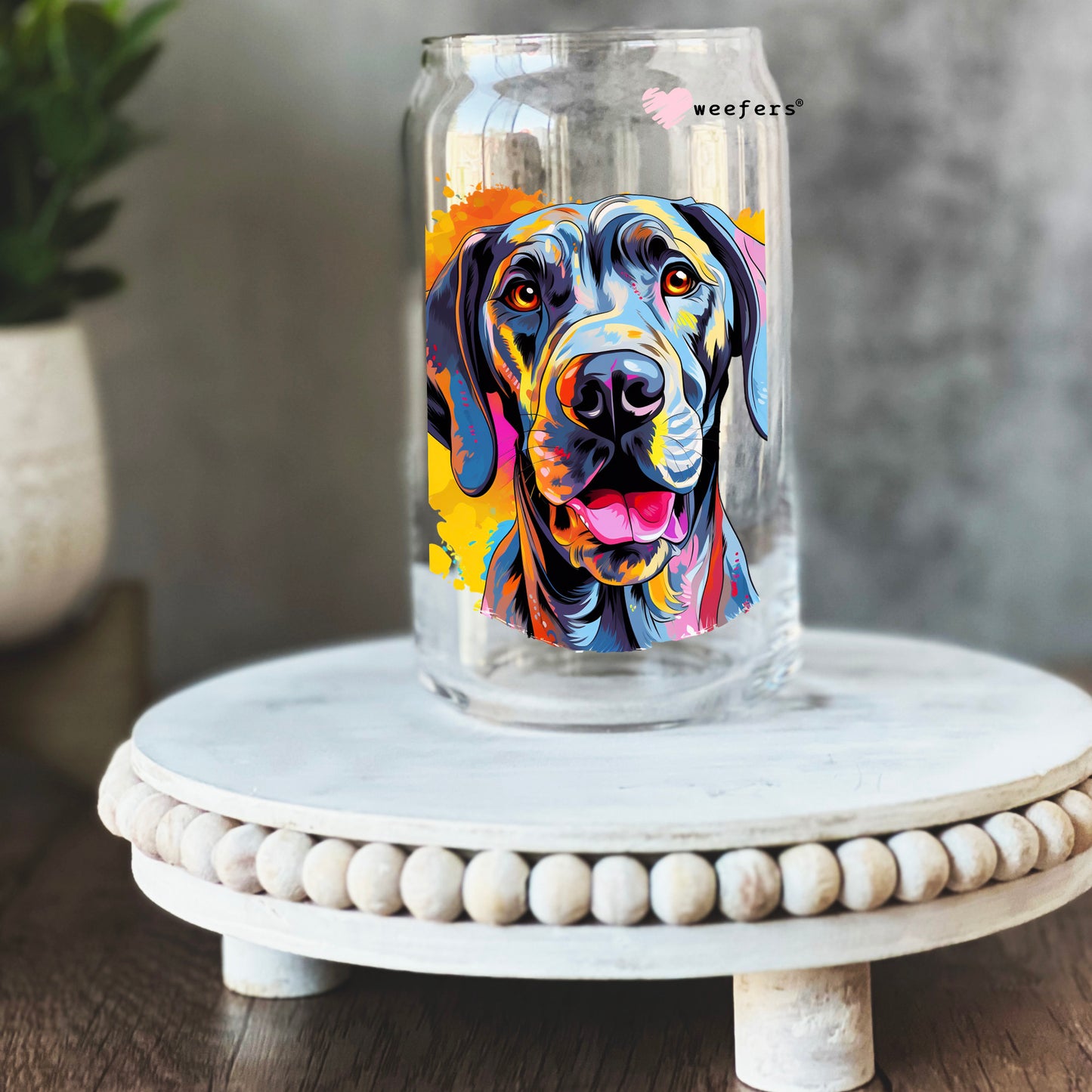 Great Dane Colorful Watercolor 16oz Libbey Glass Can UV DTF or Sublimation Wrap - Decal - Weefers