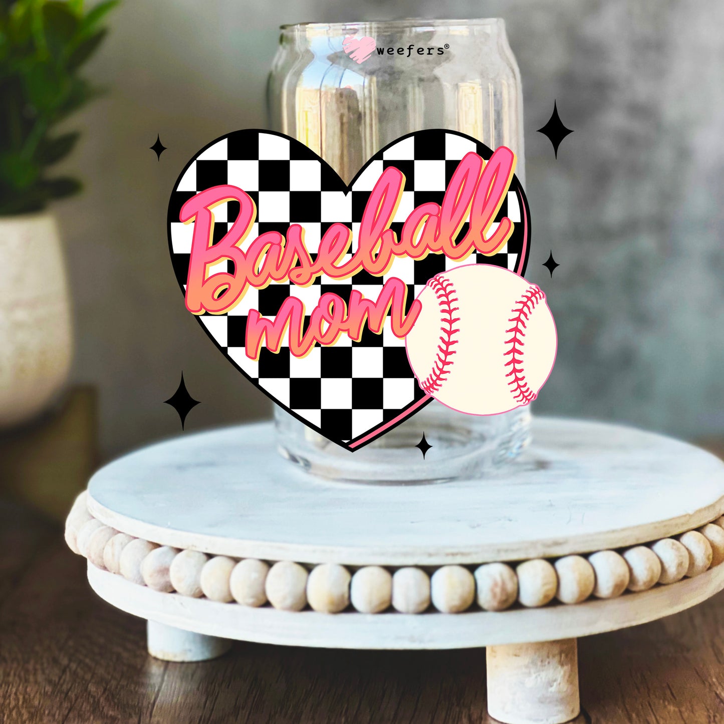 Baseball Mom Black Checkers 16oz Libbey Glass Can UV DTF or Sublimation Wrap Decal Transfer - Weefers