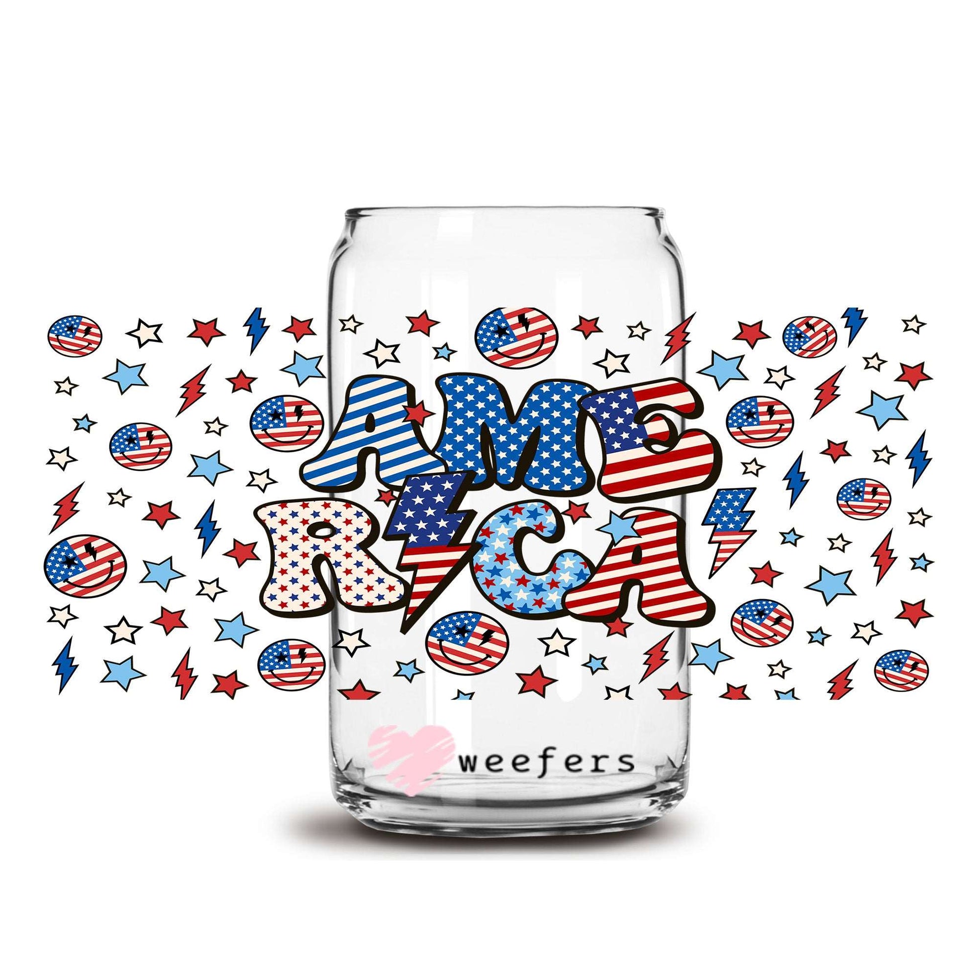 4th of July America Lightening Bolt 16oz Libbey Glass Can UV DTF or Sublimation Wrap - Transfer - Weefers