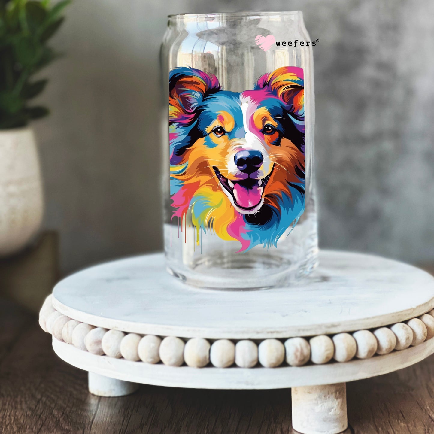 Shetland Sheepdog Colorful Watercolor 16oz Libbey Glass Can UV DTF or Sublimation Wrap - Decal - Weefers