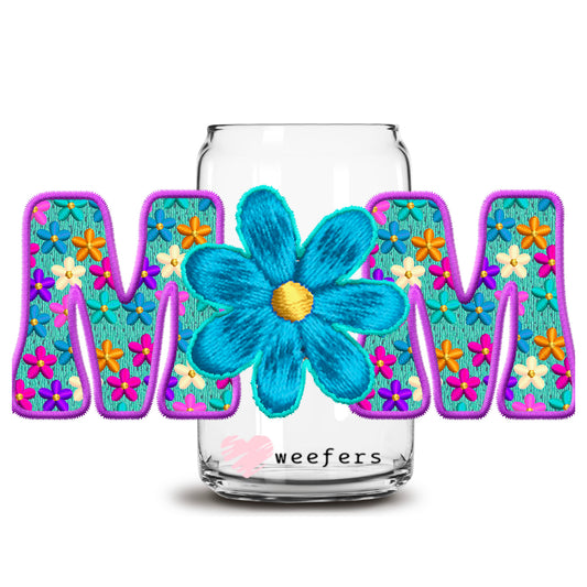 Mom Faux Embroidery Blue 16oz Libbey Glass Can UV DTF or Sublimation Wrap - Decal Transfer - Weefers