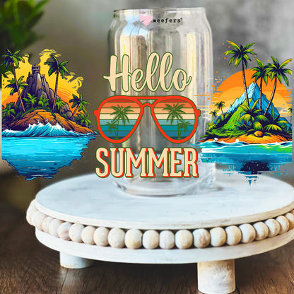 Hello Summer Island 16oz Libbey Glass Can UV DTF or Sublimation Wrap Decal Transfer - Weefers