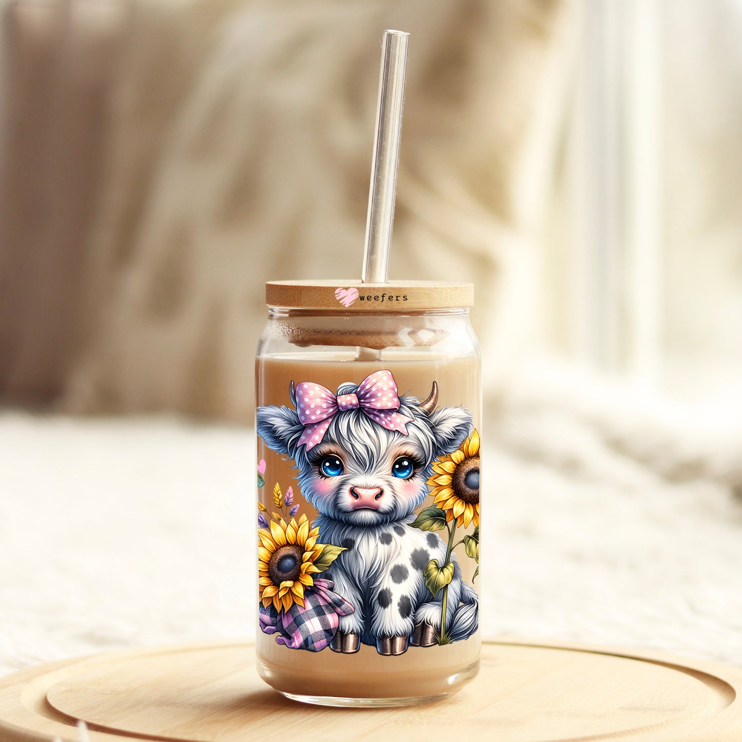 Sunflower Spotted Highlander Cow 16oz Libbey Glass Can UV DTF or Sublimation Wrap Transfer - Weefers