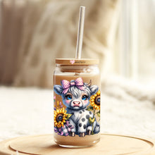 Load image into Gallery viewer, a mason jar with a cow and sunflowers on it
