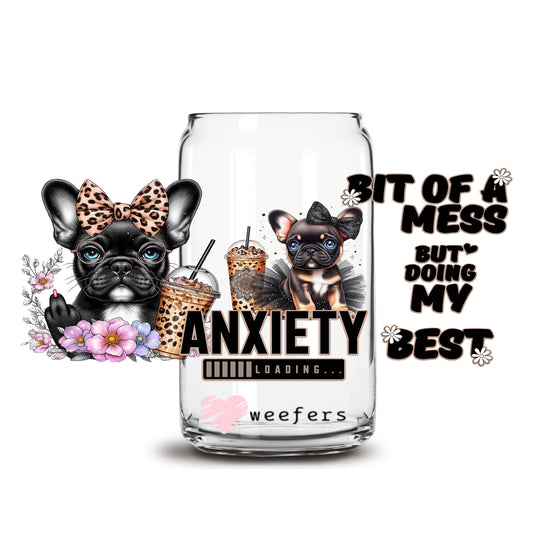 French Dog Bit of a Mess 16oz Libbey Glass Can UV DTF or Sublimation Wrap Transfer - Weefers