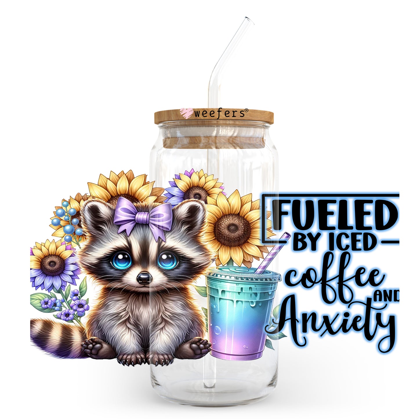 Fueled by Iced Coffee and Anxiety Highland Cow 20oz Libbey Glass Can, 34oz Hip Sip, 40oz Tumbler, 24oz Cold Cup UV DTF or Sublimation Decal Transfer - Weefers