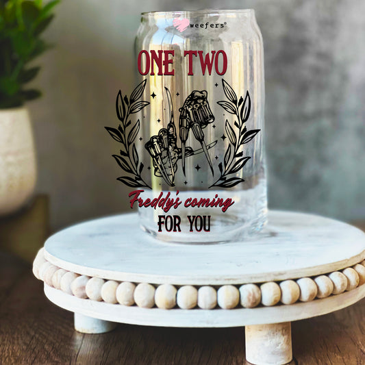 One Two Freddy's Coming For You 16oz Libbey Glass Can UV DTF or Sublimation Wrap Decal Transfer - Weefers