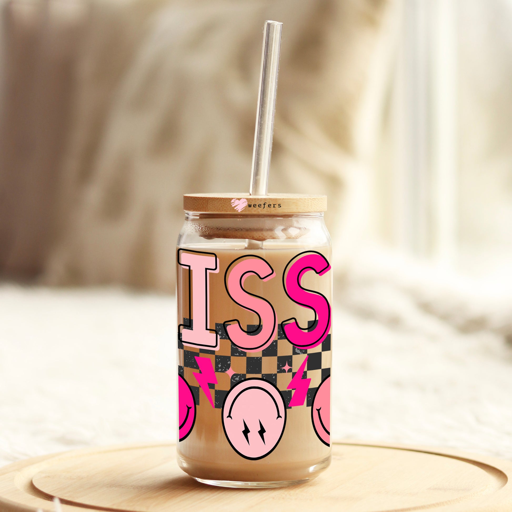 Sissy Checkered Pink 16oz Libbey Glass Can UV DTF or Sublimation Wrap Decal Transfer - Weefers