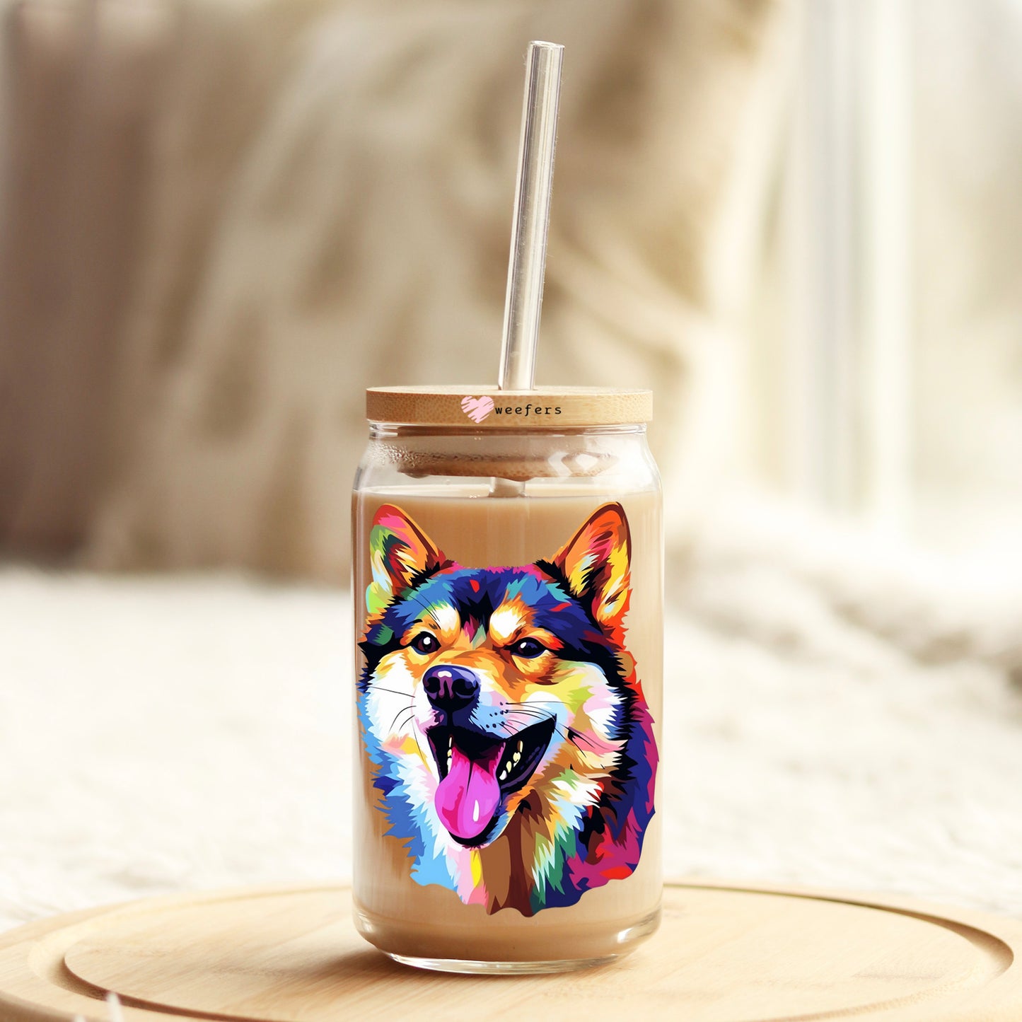 Shiba Inu Colorful Watercolor 16oz Libbey Glass Can UV DTF or Sublimation Wrap - Decal - Weefers