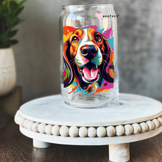 Basset Hound Colorful Watercolor 16oz Libbey Glass Can UV DTF or Sublimation Wrap - Decal - Weefers