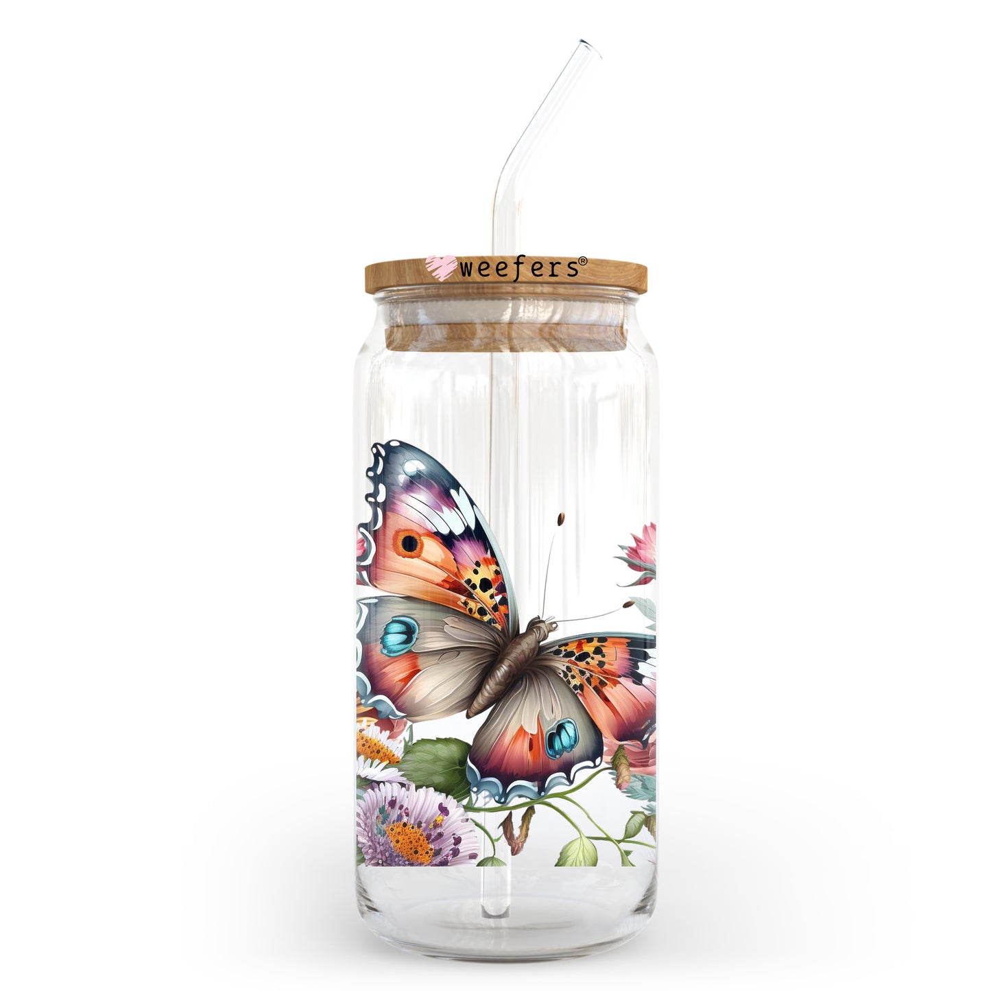 Floral Butterfly 20oz Libbey Glass Can UV DTF or Sublimation Wrap Transfer - Weefers