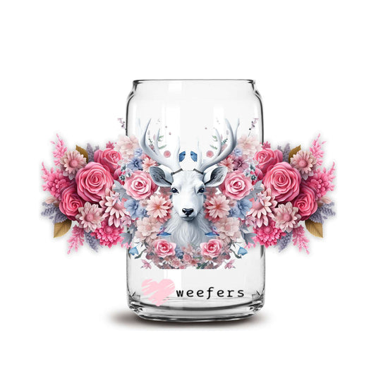 3D White Deer Floral 16oz Libbey Glass Can UV DTF or Sublimation Cup Wrap - Decal Transfer - Weefers