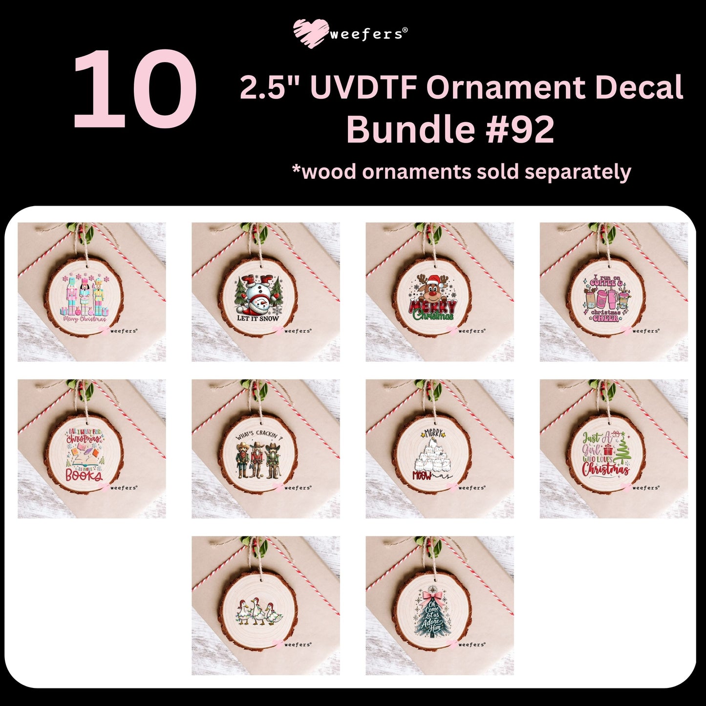 Christmas Ornament Bundle #92 UV DTF Decal Transfers Set of 10 - Weefers