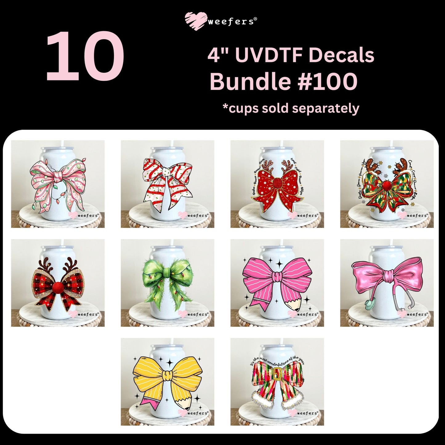 Coquette Bows 4" UV DTF Decal Bundle #100