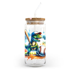 Load image into Gallery viewer, a glass jar with a picture of a dinosaur holding a baseball bat
