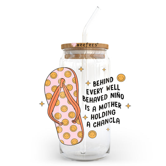 Behind Every Well Behaved Nino is a Mother Holding a Chancla 20oz Libbey Glass Can, 34oz Hip Sip, 40oz Tumbler, 24oz Cold Cup UV DTF Decal - Weefers