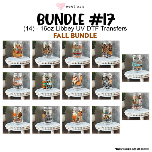 (14) Fall UV DTF Bundle #17 - 16oz Libbey Glass Can and Shot Glass UV DTF or Sublimation Wrap - Decal - Weefers