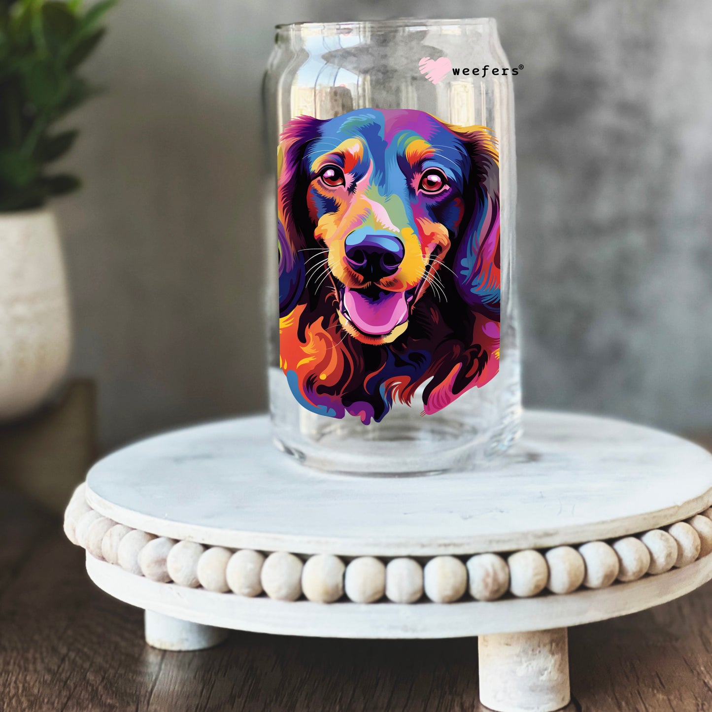 Dachshund Colorful Watercolor 16oz Libbey Glass Can UV DTF or Sublimation Wrap - Decal - Weefers