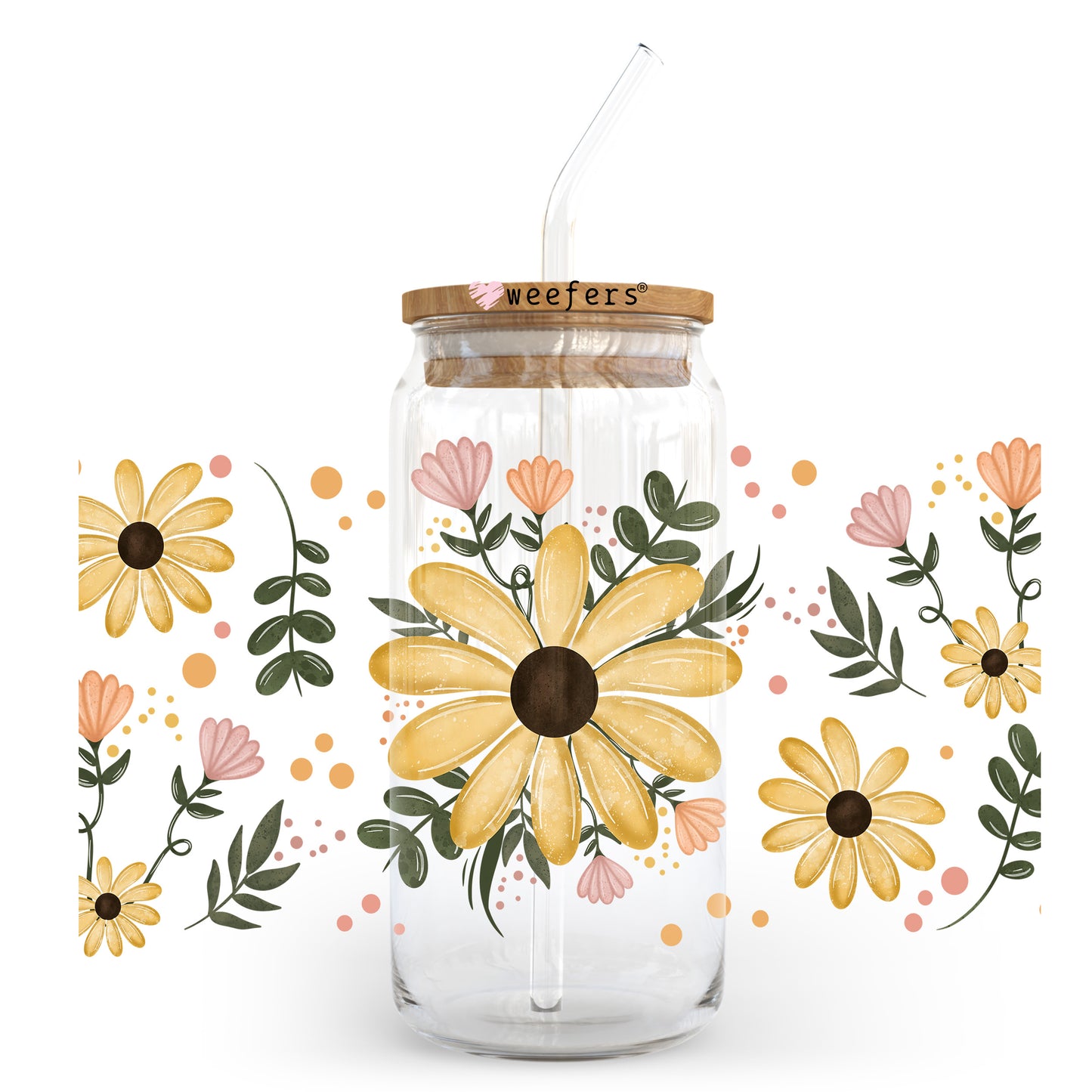 Yellow Florals 20oz Libbey Glass Can, 34oz Hip Sip, 40oz Tumbler, 24oz Cold Cup UV DTF or Sublimation Decal Transfer - Weefers