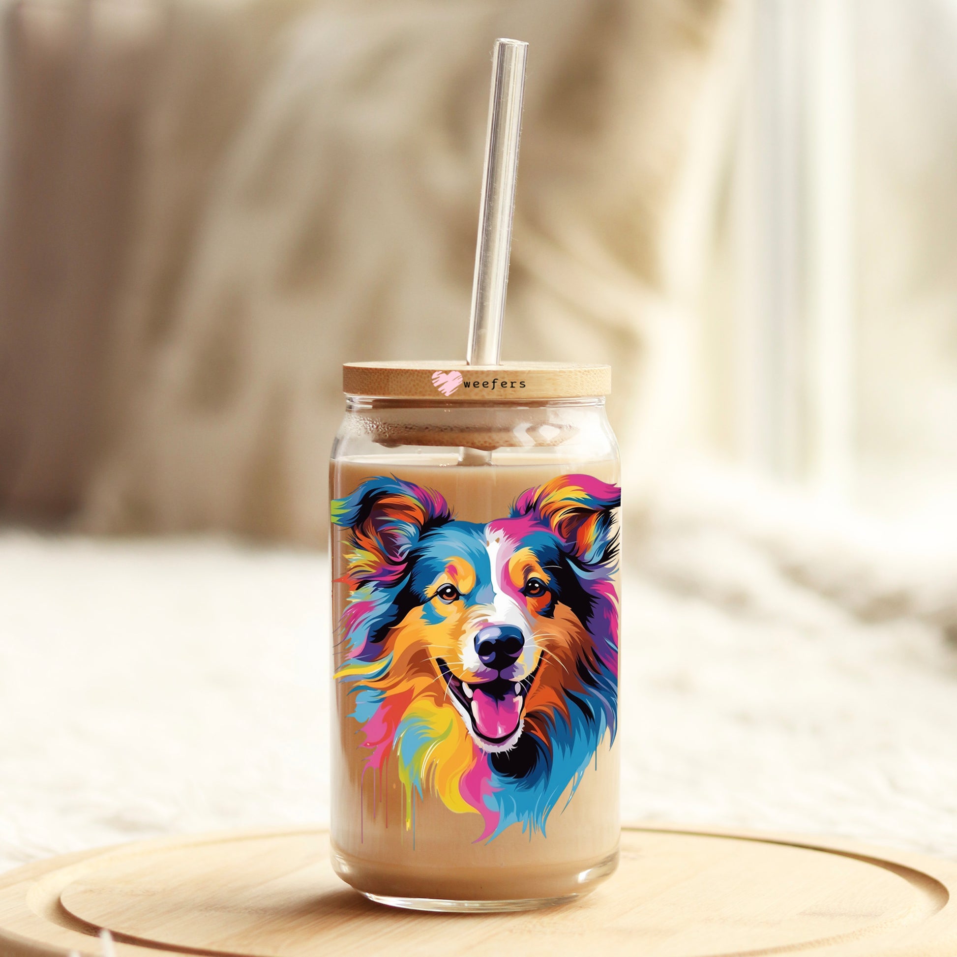 Shetland Sheepdog Colorful Watercolor 16oz Libbey Glass Can UV DTF or Sublimation Wrap - Decal - Weefers