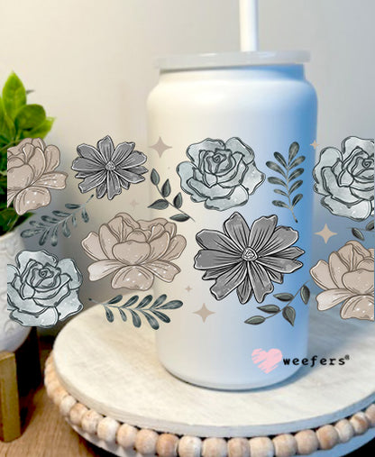 Greys and Beige Flowers 16oz Libbey Glass Can UV DTF Decal Transfer - Weefers