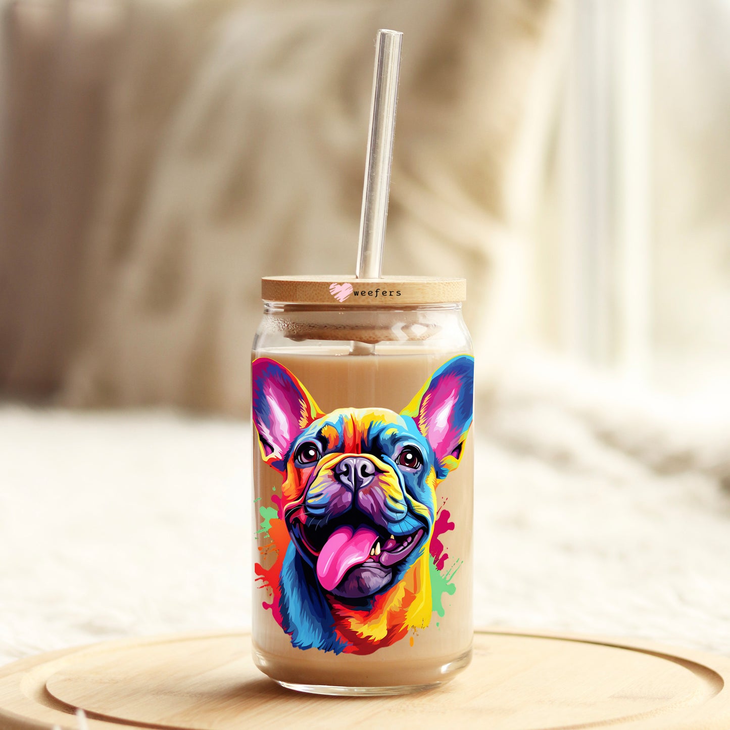 French Bulldog Colorful Watercolor 16oz Libbey Glass Can UV DTF or Sublimation Wrap - Decal - Weefers